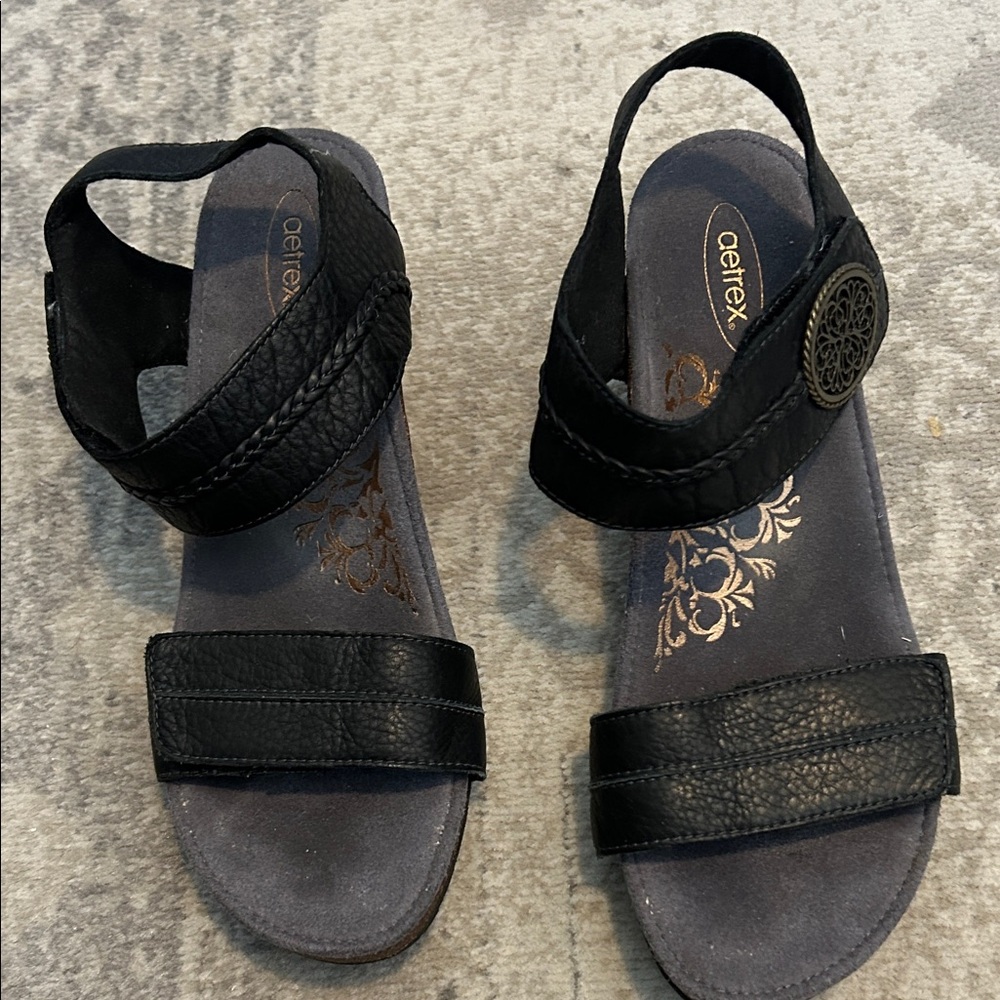 Aetrex Black Leather Women's Sandals